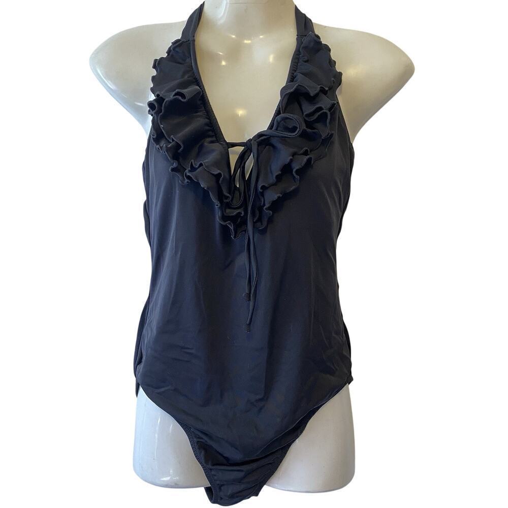 Lisa Curran OnePiece Swimsuit Black HalterNeck Ruffle UnPadded Beach Preppy Sz14